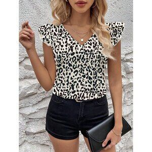 V neck ruffle sleeve blouse leopard print